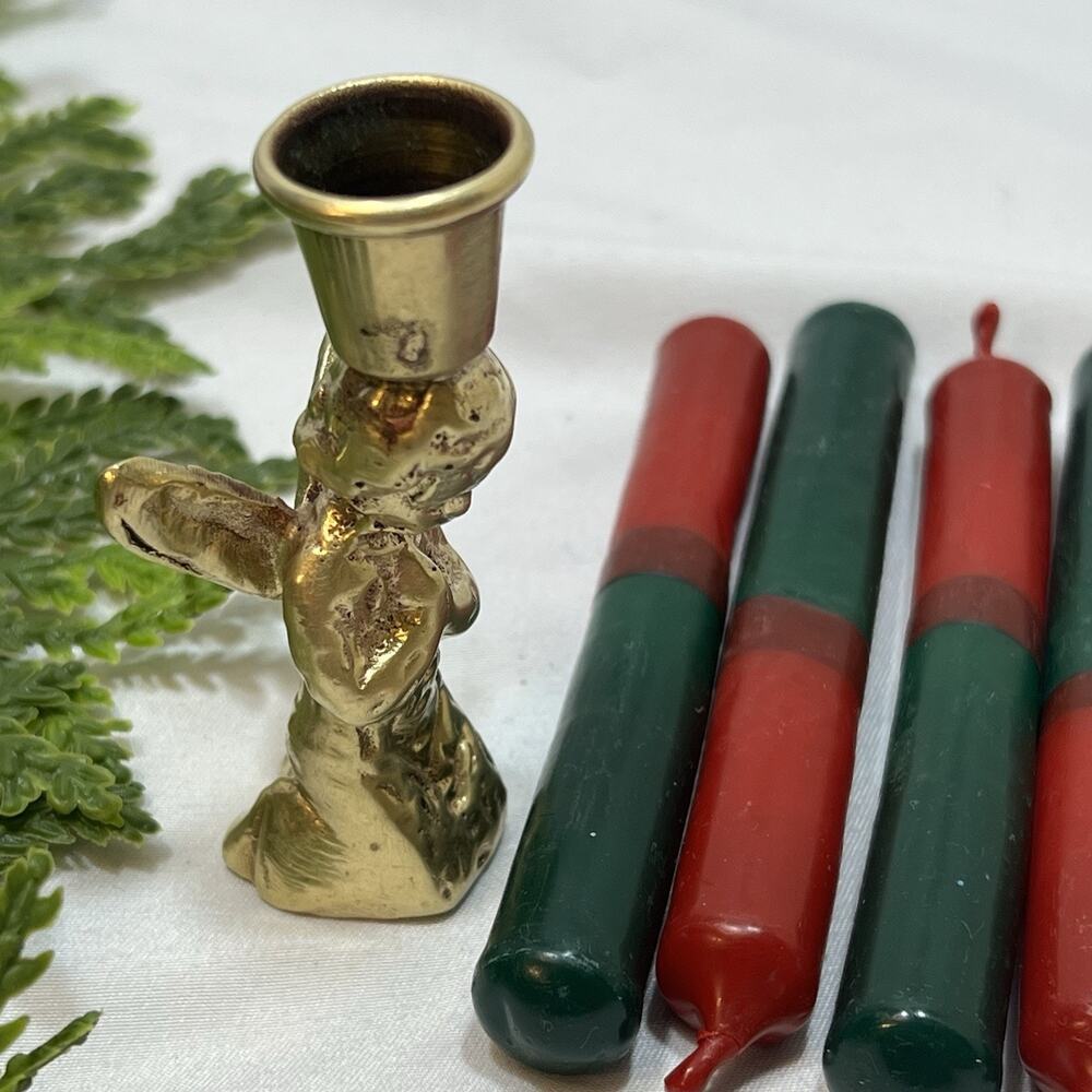 Vintage Brass 2.75” Praying Angel Christmas Candlestick Holder + 5 Candle Tapers